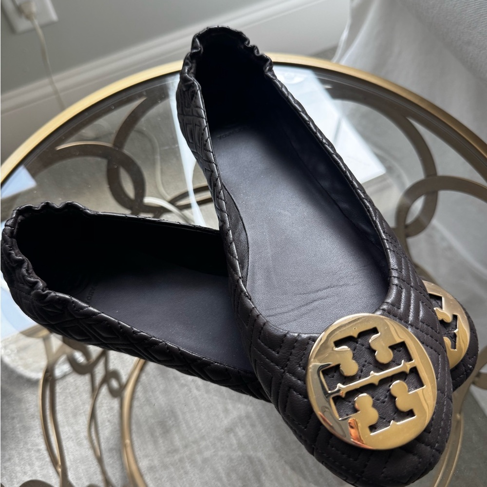 Tory Burch Black Quilted Flats with Gold Logo